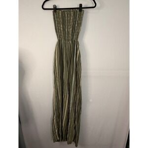 Aerie Strapless Smocked Striped Jumpsuit Women XS Olive Green Linen Blend AE1624